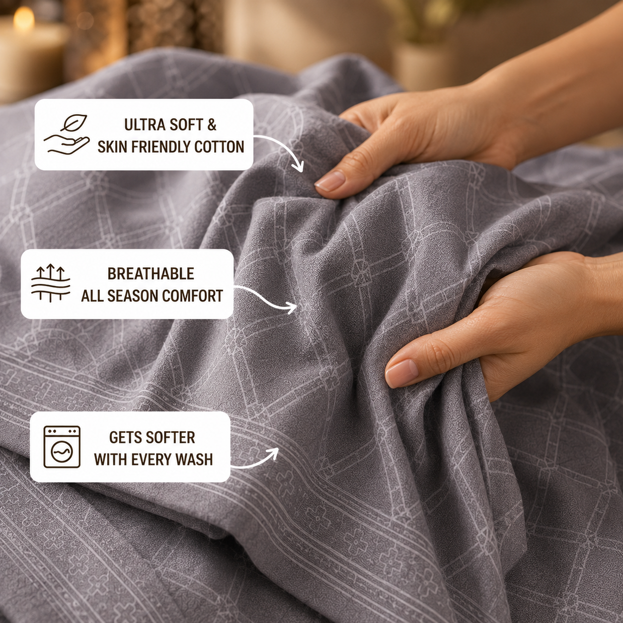 Madhavam Handlooms Grey Geometric Premium Cotton Double Bedsheet with 2 Pillow Covers