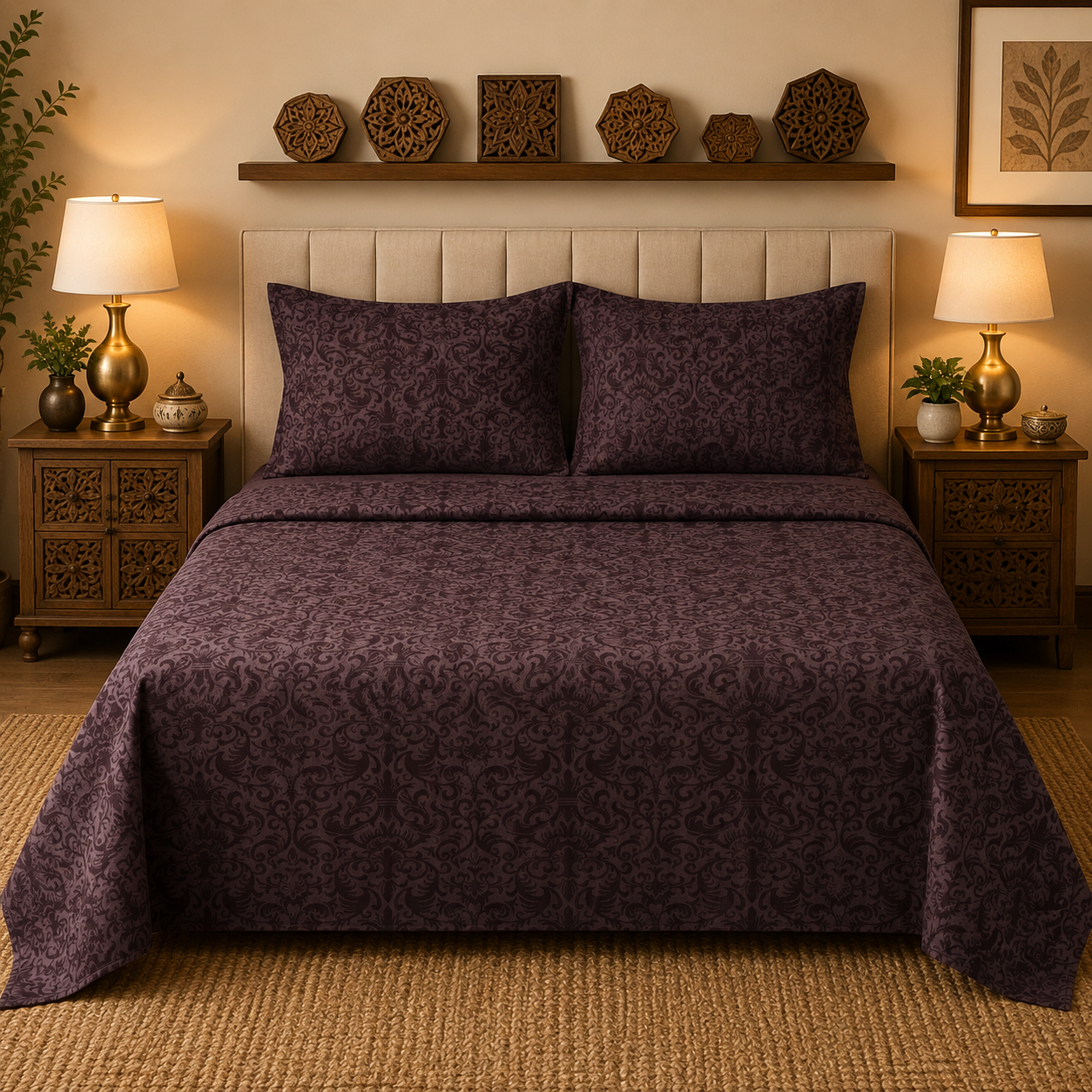 Madhavam Handlooms Dark Plum Damask Premium Bedsheet with 2 Pillow Covers