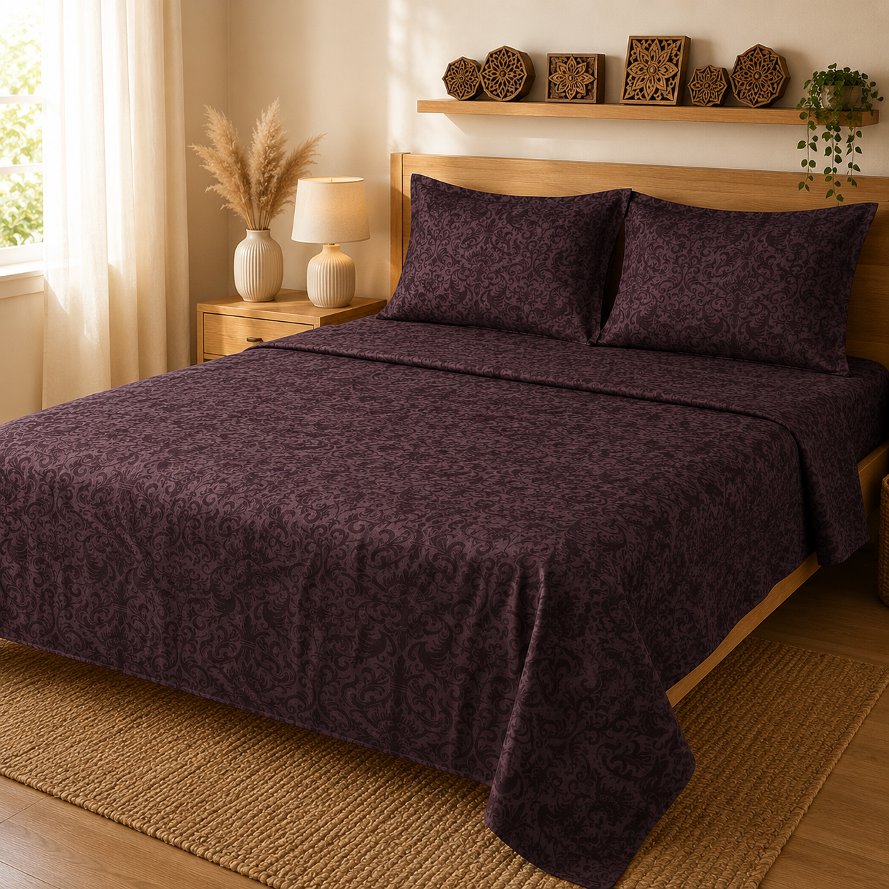 Madhavam Handlooms Dark Plum Damask Premium Bedsheet with 2 Pillow Covers