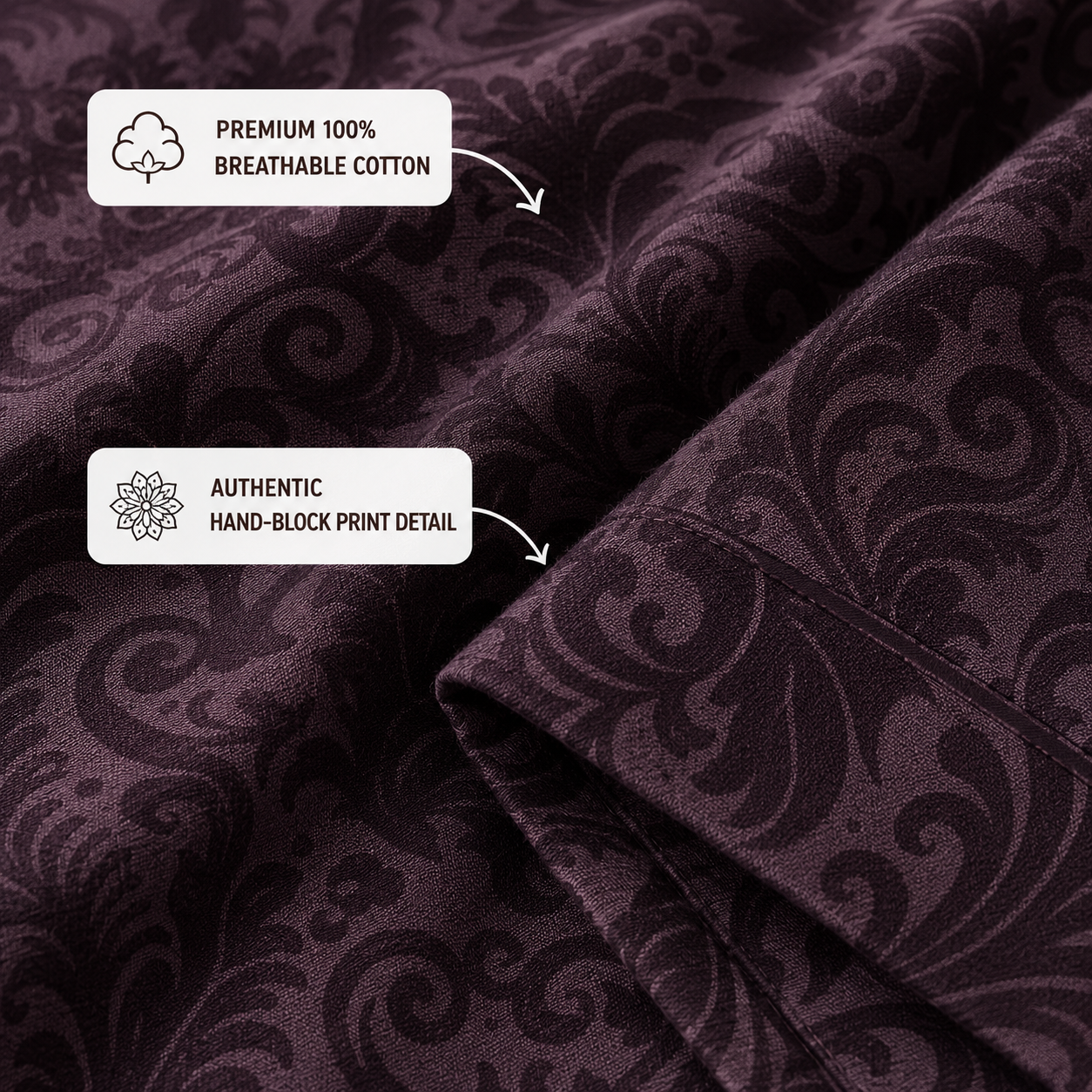 Madhavam Handlooms Dark Plum Damask Premium Bedsheet with 2 Pillow Covers
