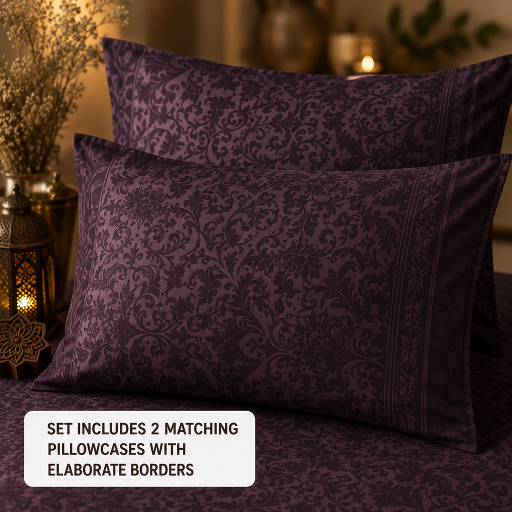 Madhavam Handlooms Dark Plum Damask Premium Bedsheet with 2 Pillow Covers