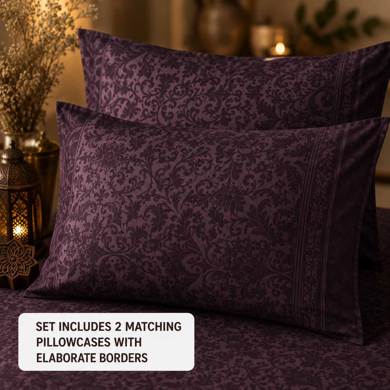 Madhavam Handlooms Dark Plum Damask Premium Bedsheet with 2 Pillow Covers