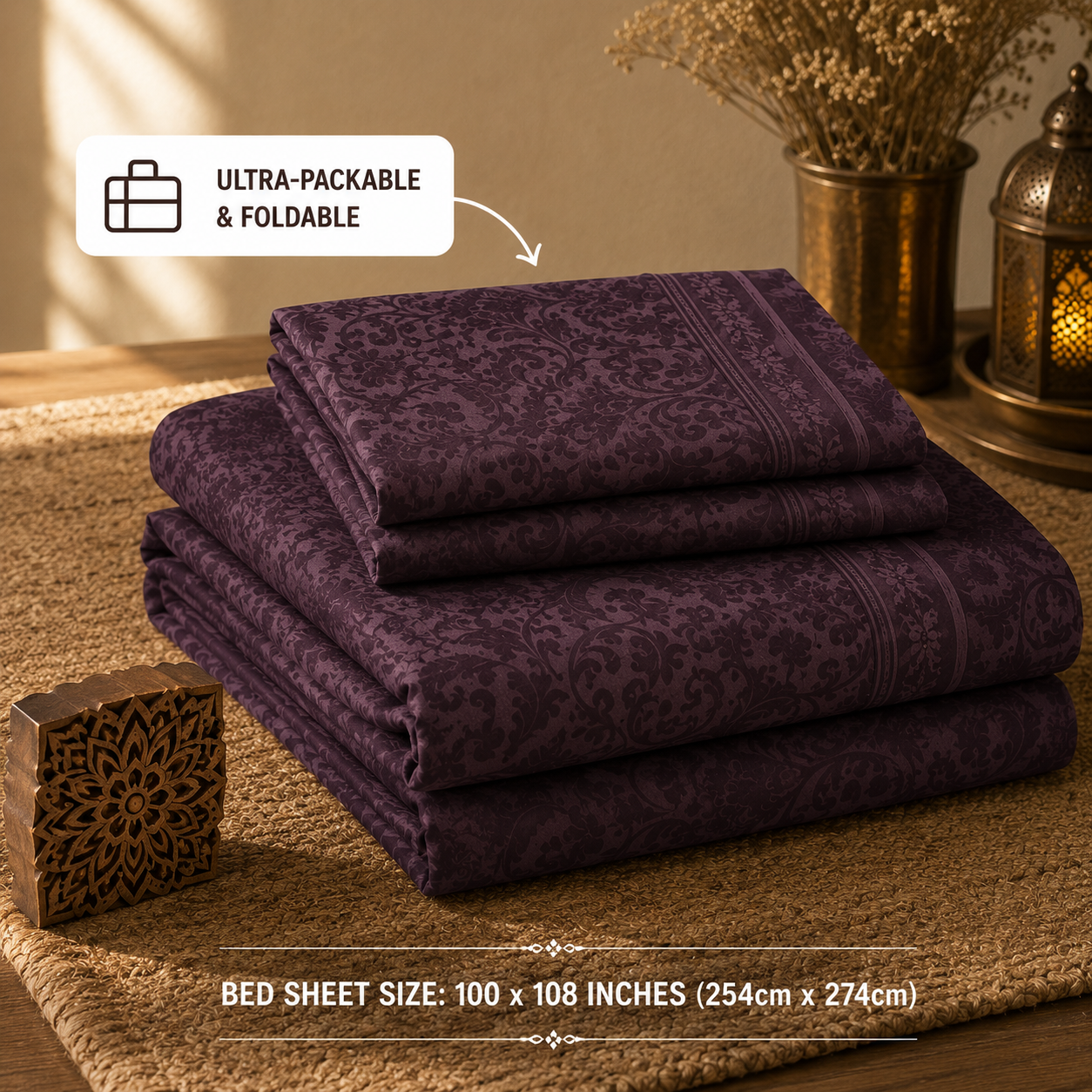 Madhavam Handlooms Dark Plum Damask Premium Bedsheet with 2 Pillow Covers