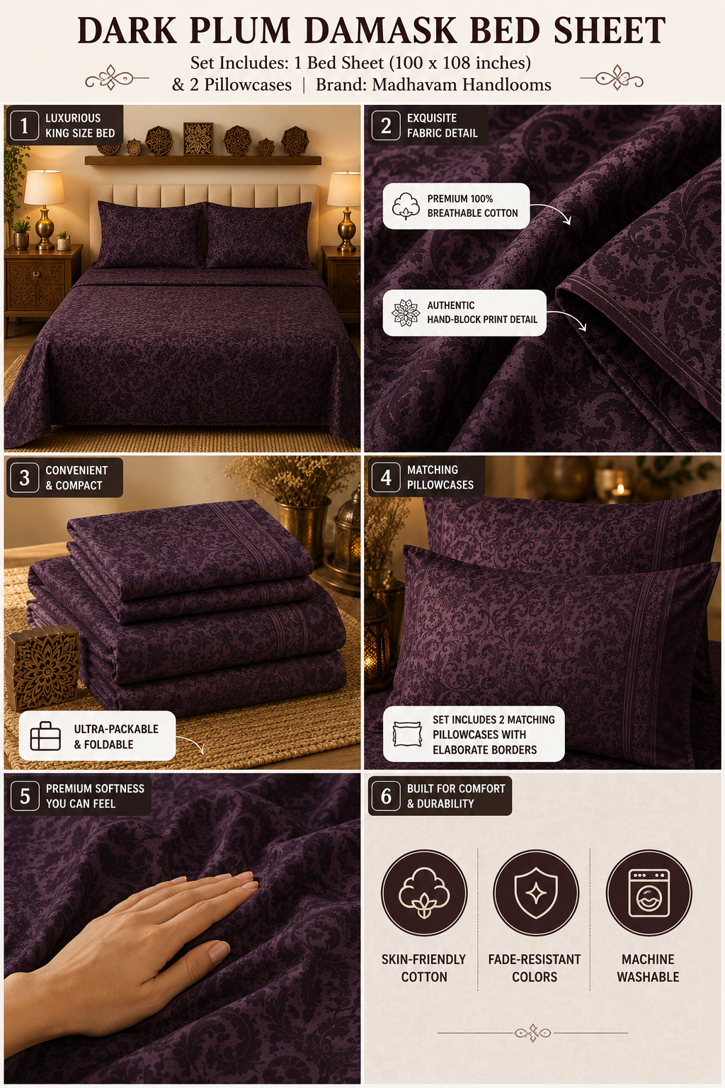 Madhavam Handlooms Dark Plum Damask Premium Bedsheet with 2 Pillow Covers