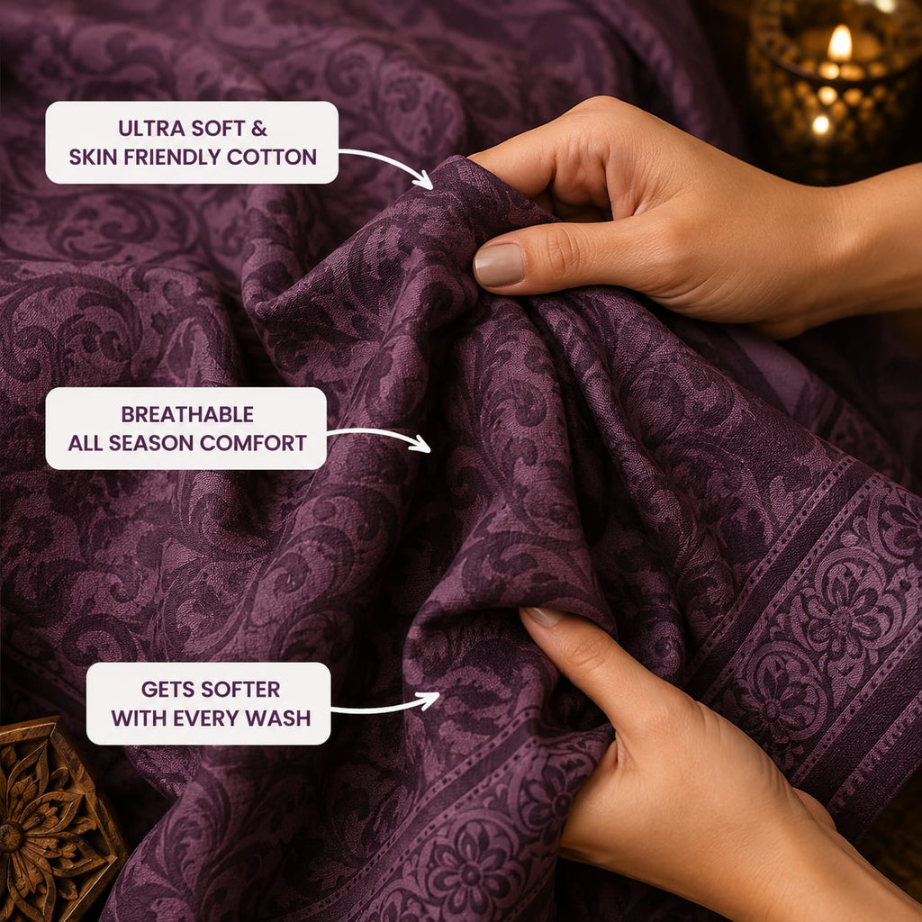 Madhavam Handlooms Dark Plum Damask Premium Bedsheet with 2 Pillow Covers