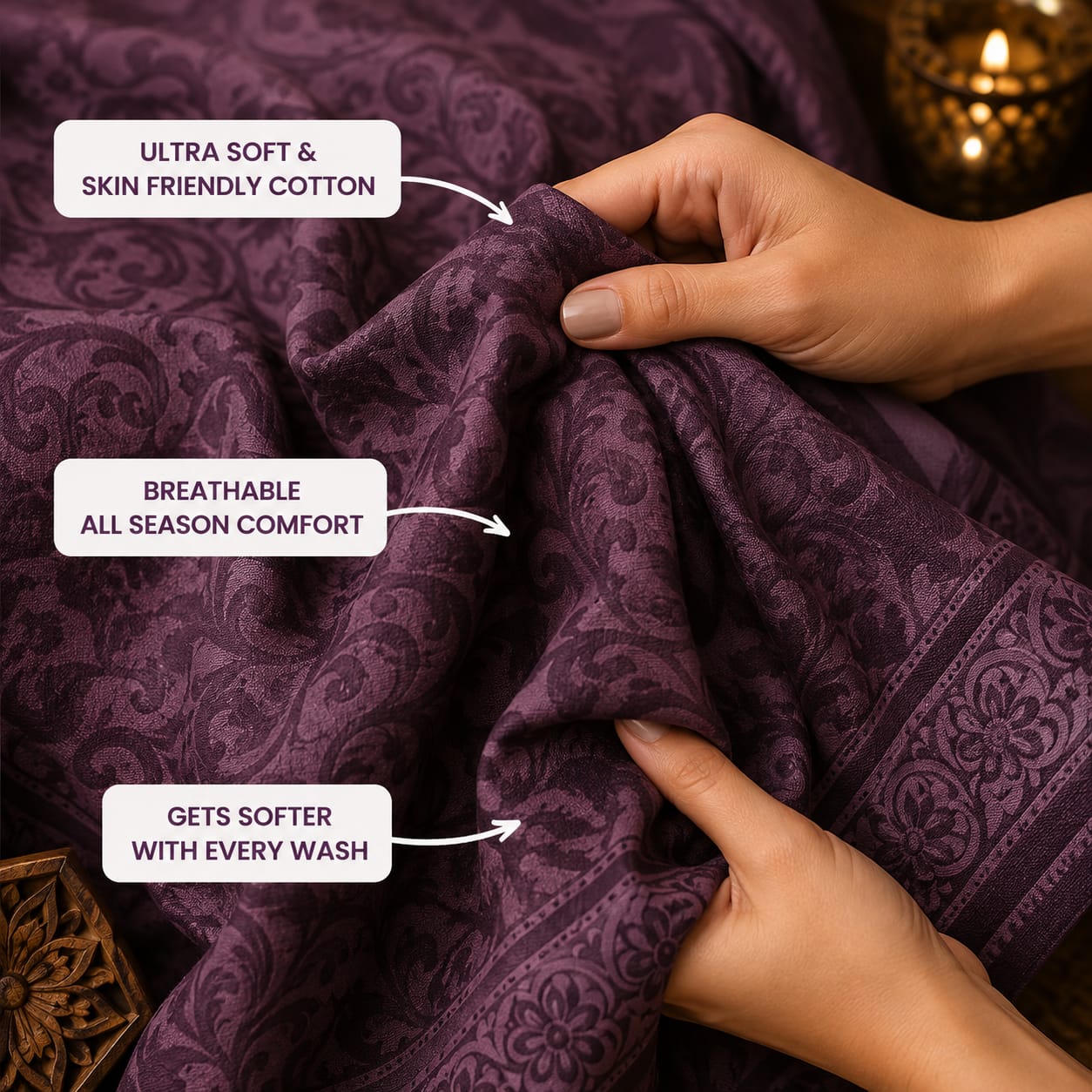 Madhavam Handlooms Dark Plum Damask Premium Bedsheet with 2 Pillow Covers